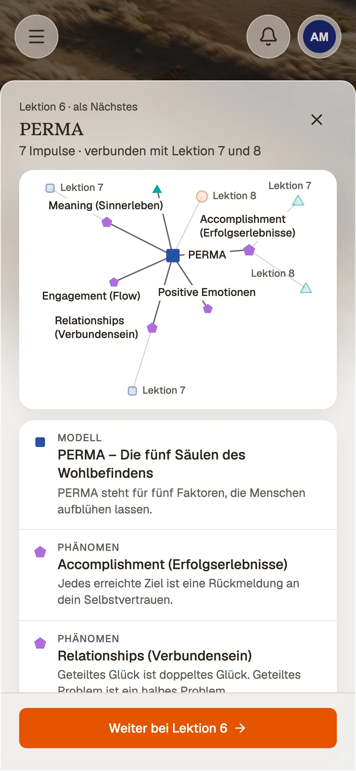 Die Impulse einer Lektion als Netz in der Stark im Sturm App